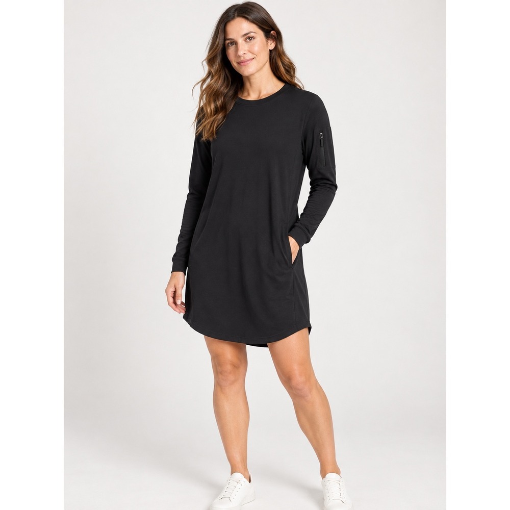 Athleta Balance Dress Black Long Sleeve Tencel French Terry Mini Pockets Small